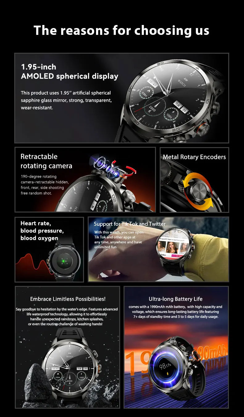 Montre intelligente Originale H19 Android 10.0 avec caméra rotative à 190°, GPS, WIFI, écran AMOLED plus grand de 1,95 pouces, stockage de 256 Go